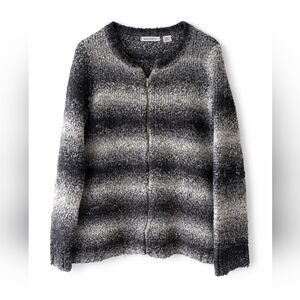 Liz Claiborne XL Soft Fuzzy Zip Cardigan Gray Black Wool Blend Sweater